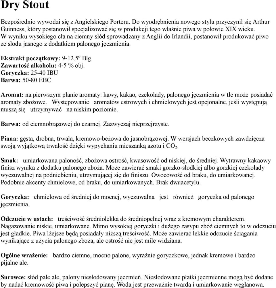 W wyniku wysokiego cła na ciemny słód sprowadzany z Anglii do Irlandii, postanowił produkować piwo ze słodu jasnego z dodatkiem palonego jęczmienia. Ekstrakt początkowy: 9-12.