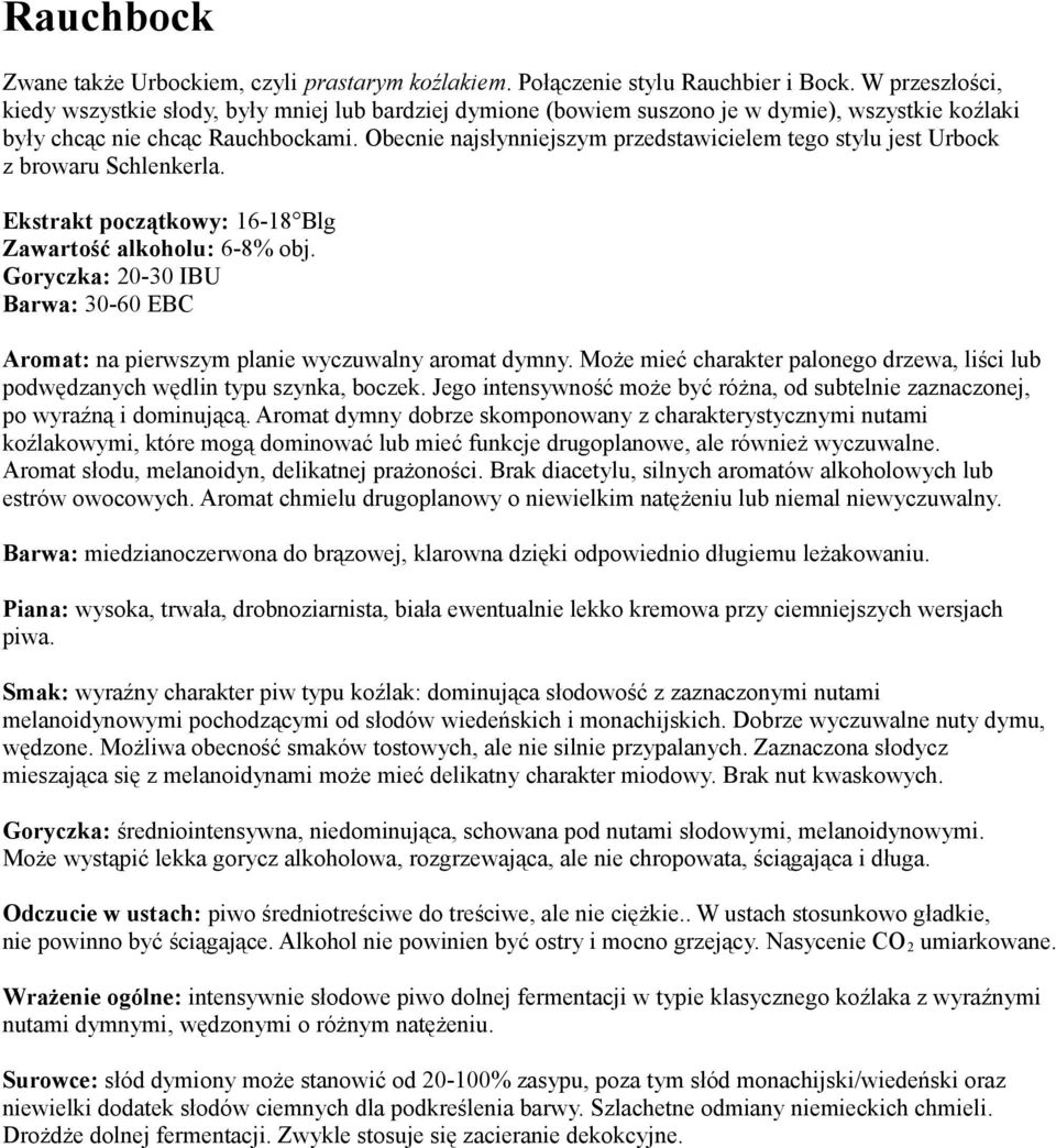 Obecnie najsłynniejszym przedstawicielem tego stylu jest Urbock z browaru Schlenkerla. Ekstrakt początkowy: 16-18 Blg Zawartość alkoholu: 6-8% obj.