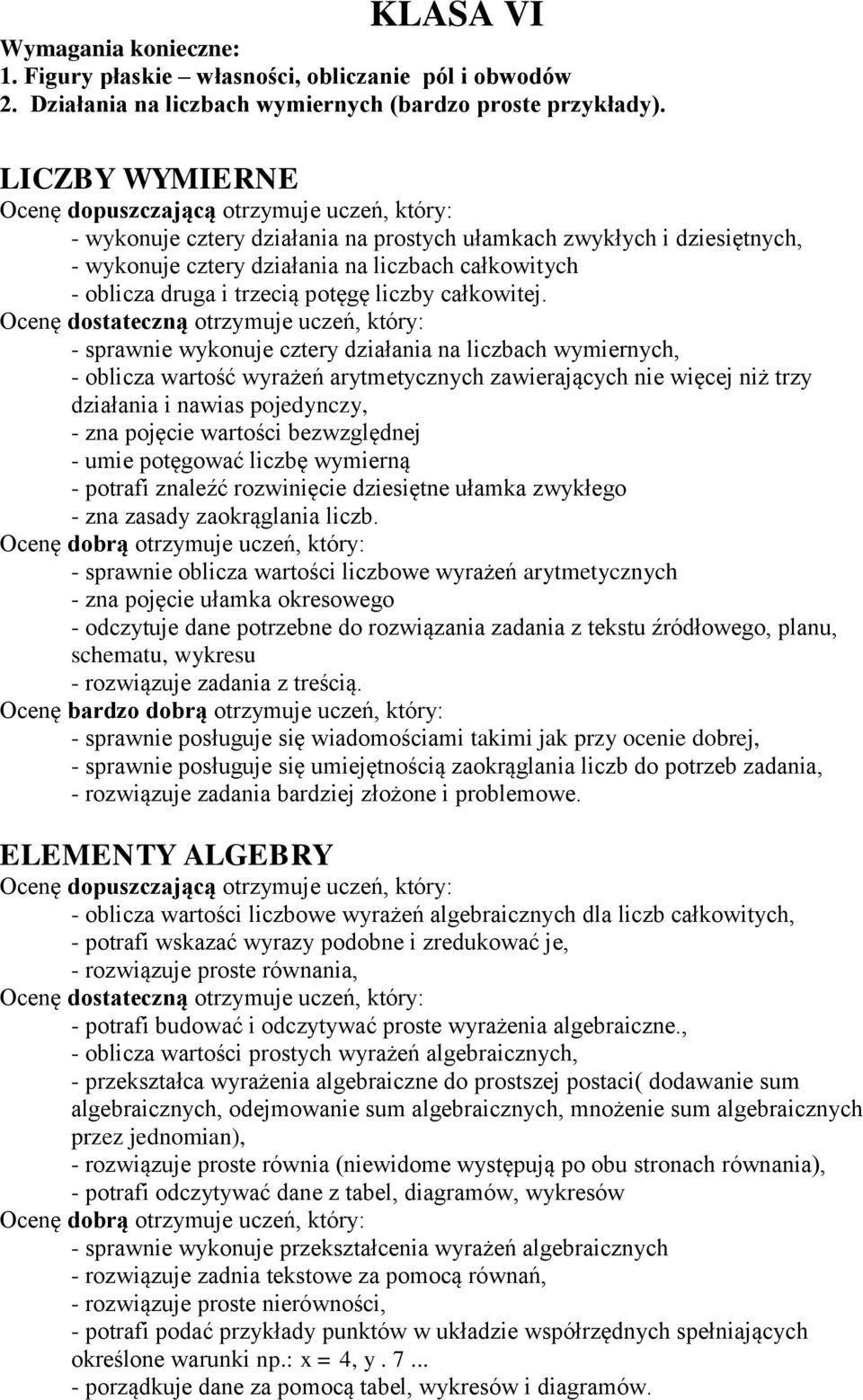 - sprawnie wykonuje cztery działania na liczbach wymiernych, - oblicza wartość wyrażeń arytmetycznych zawierających nie więcej niż trzy działania i nawias pojedynczy, - zna pojęcie wartości