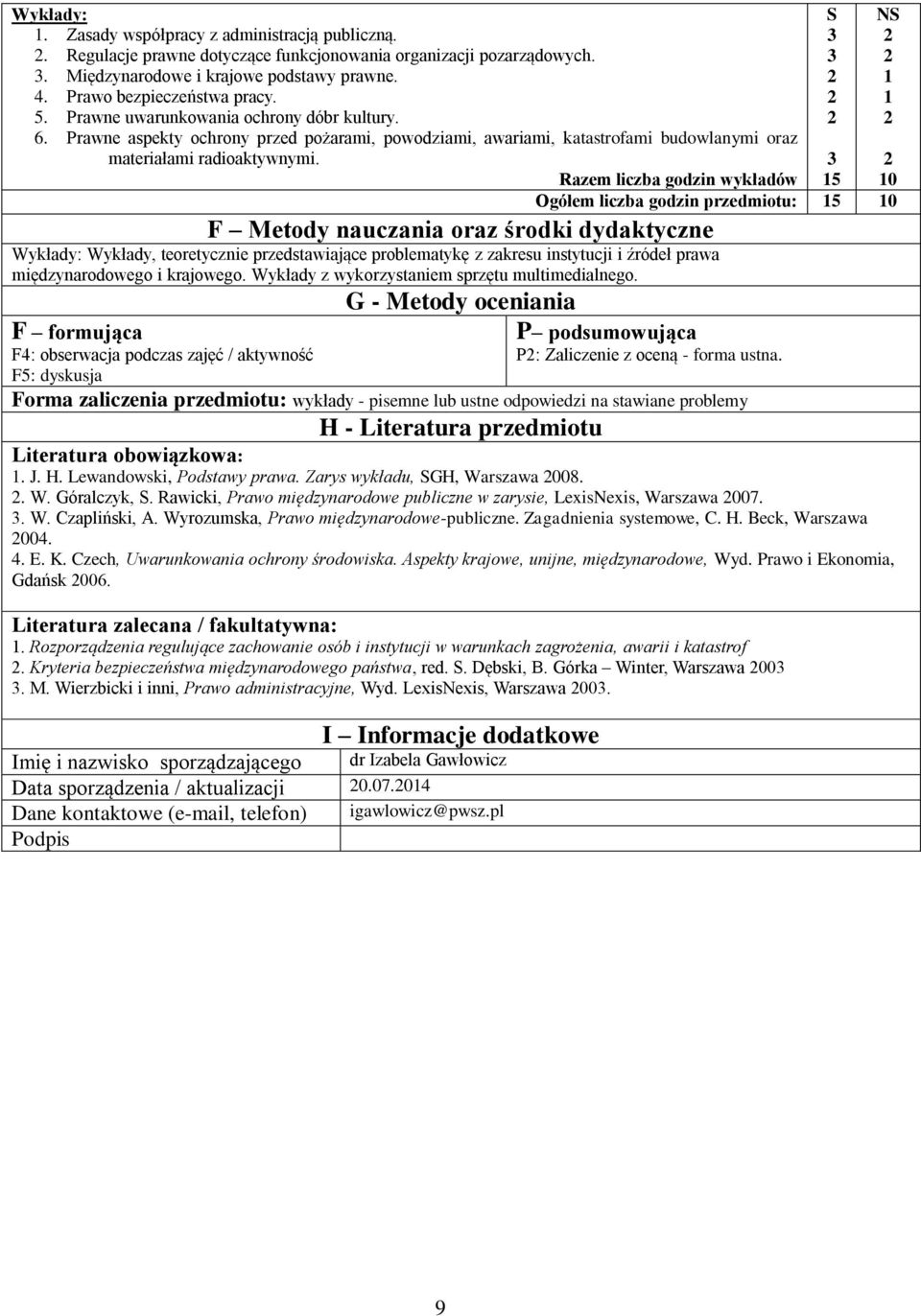 Razem liczba godzin wykładów Ogółem liczba godzin przedmiotu: 5 0 F Metody nauczania oraz środki dydaktyczne Wykłady: Wykłady, teoretycznie przedstawiające problematykę z zakresu instytucji i źródeł