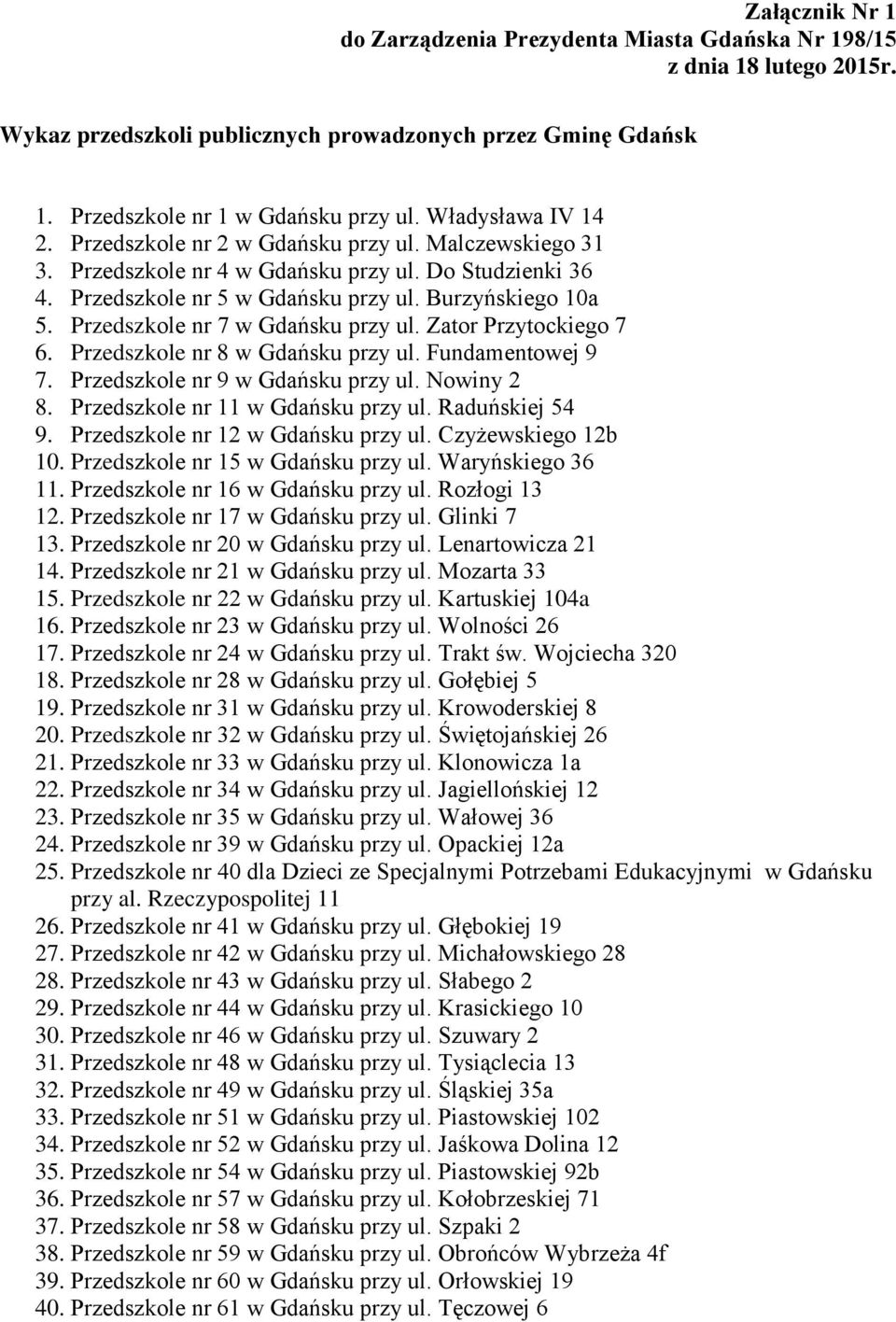 Przedszkole nr 7 w Gdańsku przy ul. Zator Przytockiego 7 6. Przedszkole nr 8 w Gdańsku przy ul. Fundamentowej 9 7. Przedszkole nr 9 w Gdańsku przy ul. Nowiny 2 8. Przedszkole nr 11 w Gdańsku przy ul.