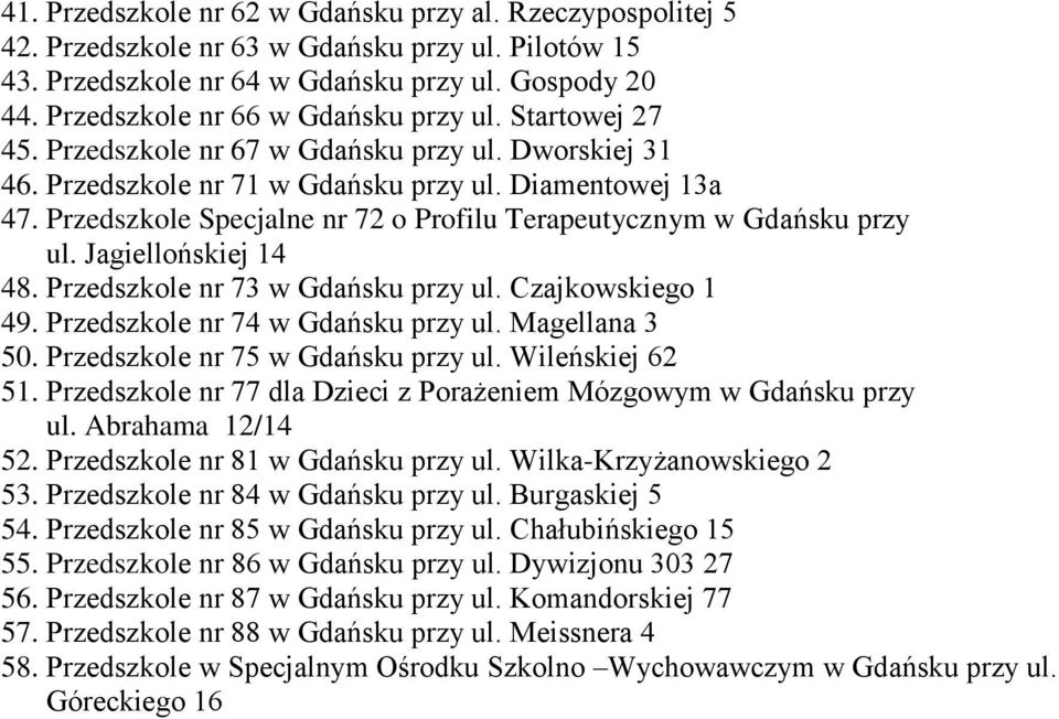 Przedszkole Specjalne nr 72 o Profilu Terapeutycznym w Gdańsku przy ul. Jagiellońskiej 14 48. Przedszkole nr 73 w Gdańsku przy ul. Czajkowskiego 1 49. Przedszkole nr 74 w Gdańsku przy ul.