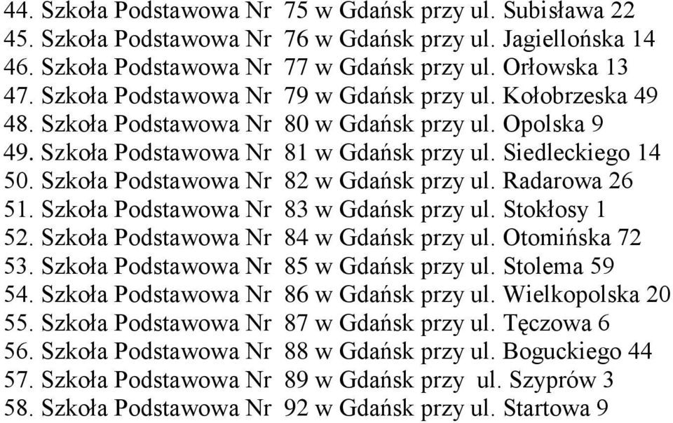 Szkoła Podstawowa Nr 82 w Gdańsk przy ul. Radarowa 26 51. Szkoła Podstawowa Nr 83 w Gdańsk przy ul. Stokłosy 1 52. Szkoła Podstawowa Nr 84 w Gdańsk przy ul. Otomińska 72 53.
