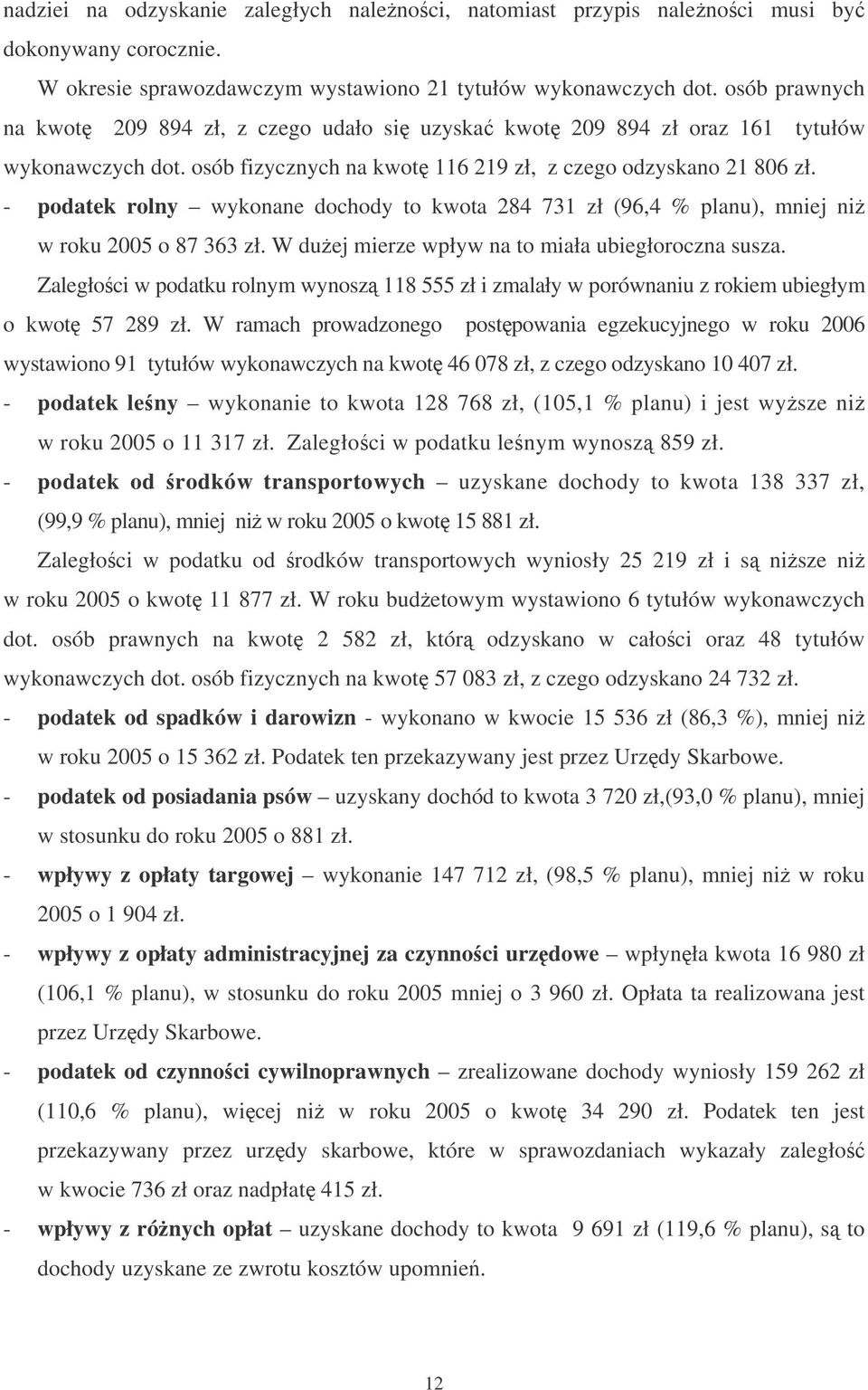 - podatek rolny wykonane dochody to kwota 284 731 zł (96,4 % planu), mniej ni w roku 2005 o 87 363 zł. W duej mierze wpływ na to miała ubiegłoroczna susza.