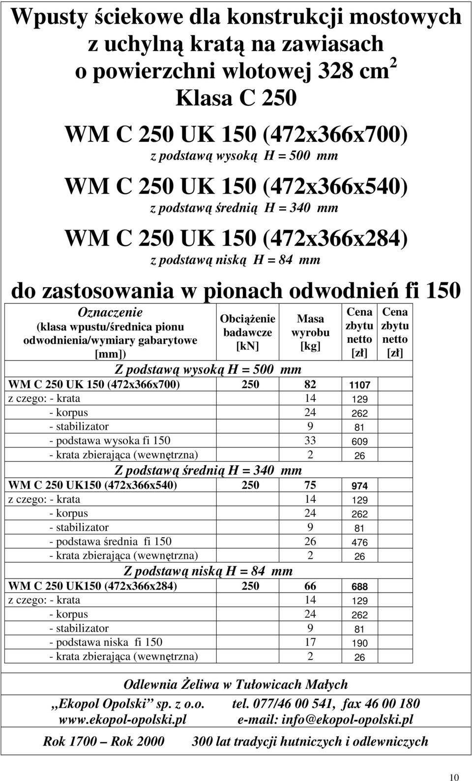 czego: - krata 14 129 - korpus 24 262 - stabilizator 9 81 - podstawa wysoka fi 150 33 609 - krata zbierająca (wewnętrzna) 2 26 Z podstawą średnią H = 340 mm WM C 250 UK150 (472x366x540) 250 75 974 z