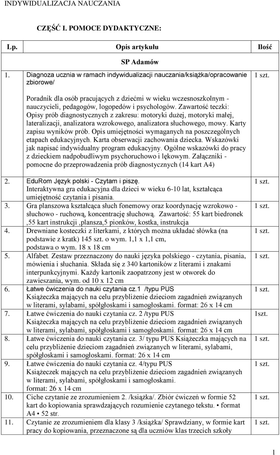 Zawartość teczki: Opisy prób diagnostycznych z zakresu: motoryki dużej, motoryki małej, lateralizacji, analizatora wzrokowego, analizatora słuchowego, mowy. Karty zapisu wyników prób.