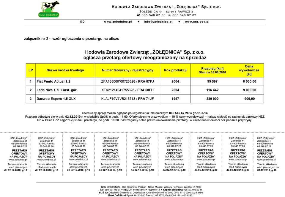 XTA21214041755328 / PRA 60FH 2004 116 442 9 000,00 3 Daewoo Espero 1.5 GLX KLAJF19V1VB215718 / PRA 71JF 1997 280 000 900,00 Oferowany sprzęt można oglądać po uzgodnieniu telefonicznym 0 w godz.