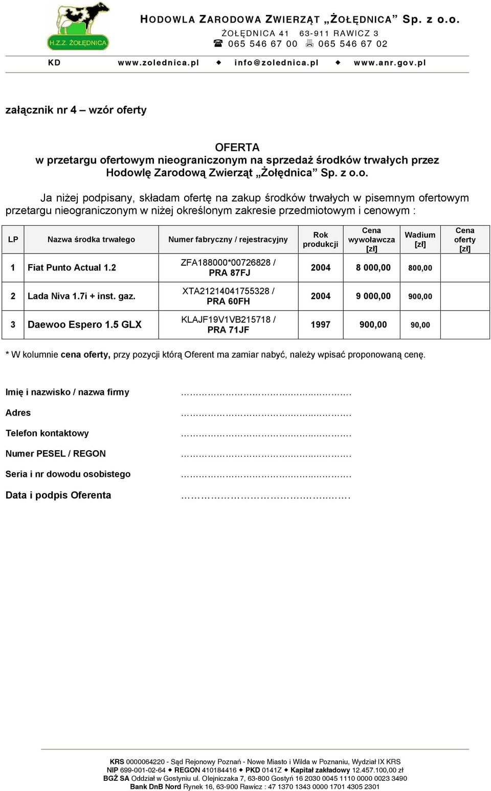 ertowym nieograniczonym na sprzedaż środków trwałych przez Hodowlę Zarodową Zwierząt Żołędnica Sp. z o.o. Ja niżej podpisany, składam ofertę na zakup środków trwałych w pisemnym ofertowym przetargu