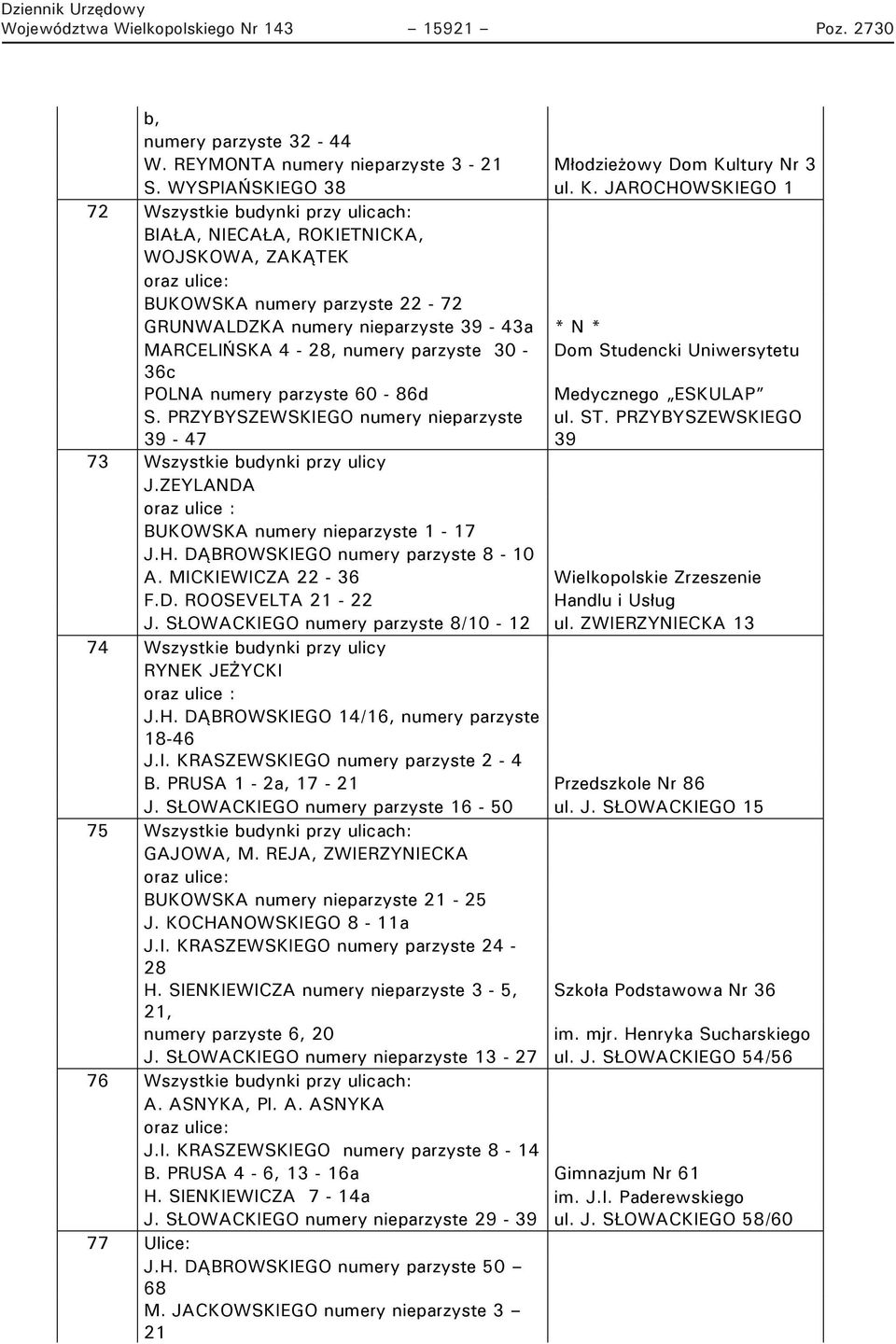 JAROCHOWSKIEGO 1 72 Wszystkie budynki przy ulicach: BIAŁA, NIECAŁA, ROKIETNICKA, WOJSKOWA, ZAKĄTEK BUKOWSKA numery parzyste 22-72 GRUNWALDZKA numery nieparzyste 39-43a * N * MARCELIŃSKA 4-28, numery