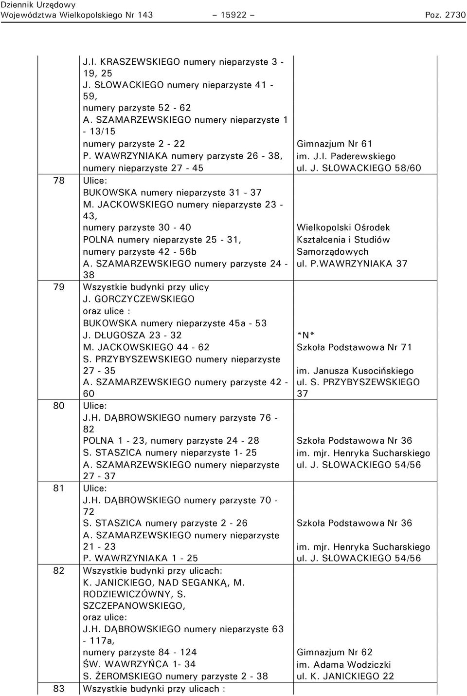 JACKOWSKIEGO numery nieparzyste 23-43, numery parzyste 30-40 Wielkopolski Ośrodek POLNA numery nieparzyste 25-31, Kształcenia i Studiów numery parzyste 42-56b Samorządowych A.