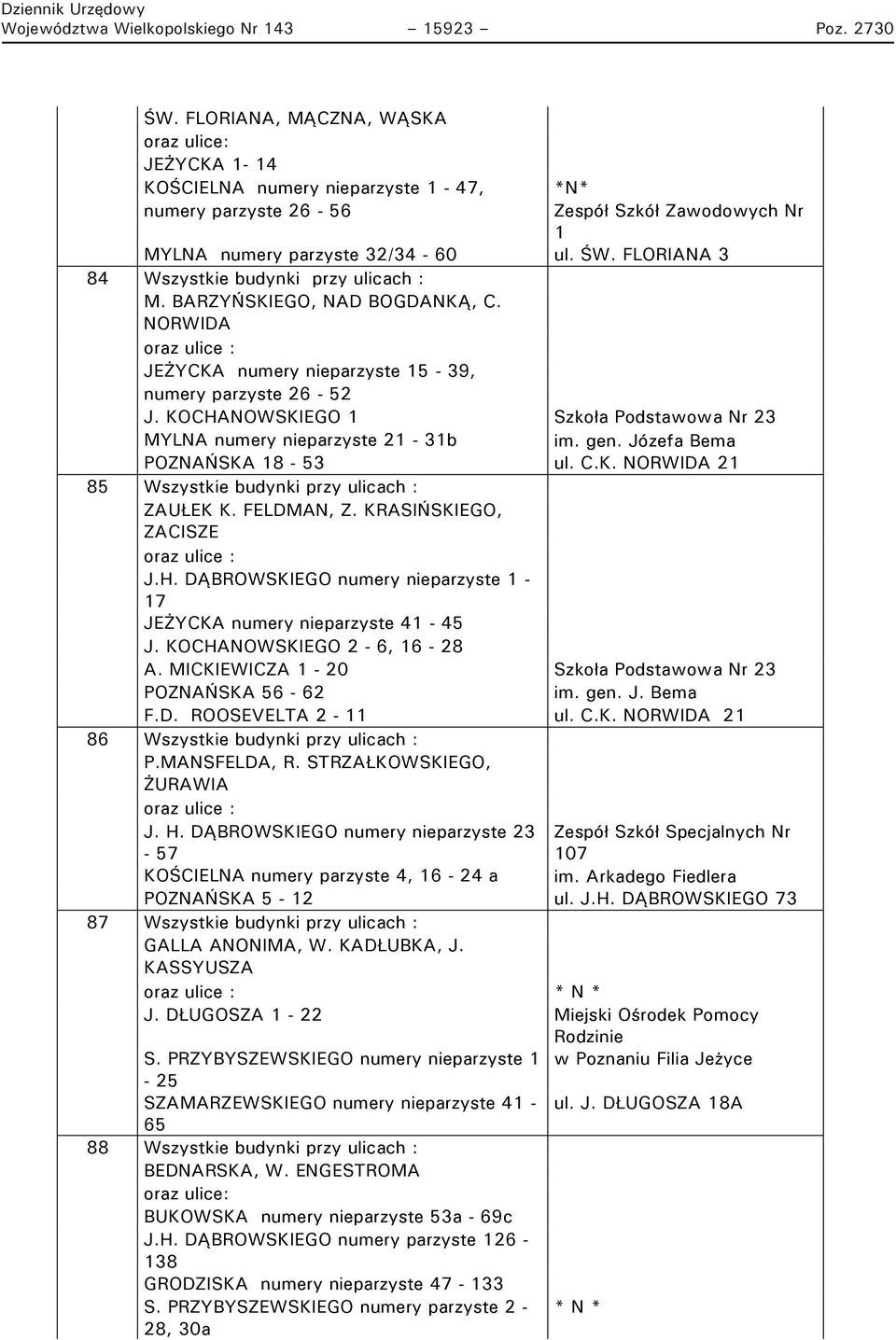 FLORIANA 3 84 Wszystkie budynki przy ulicach : M. BARZYŃSKIEGO, NAD BOGDANKĄ, C. NORWIDA JEŻYCKA numery nieparzyste 15-39, numery parzyste 26-52 J.