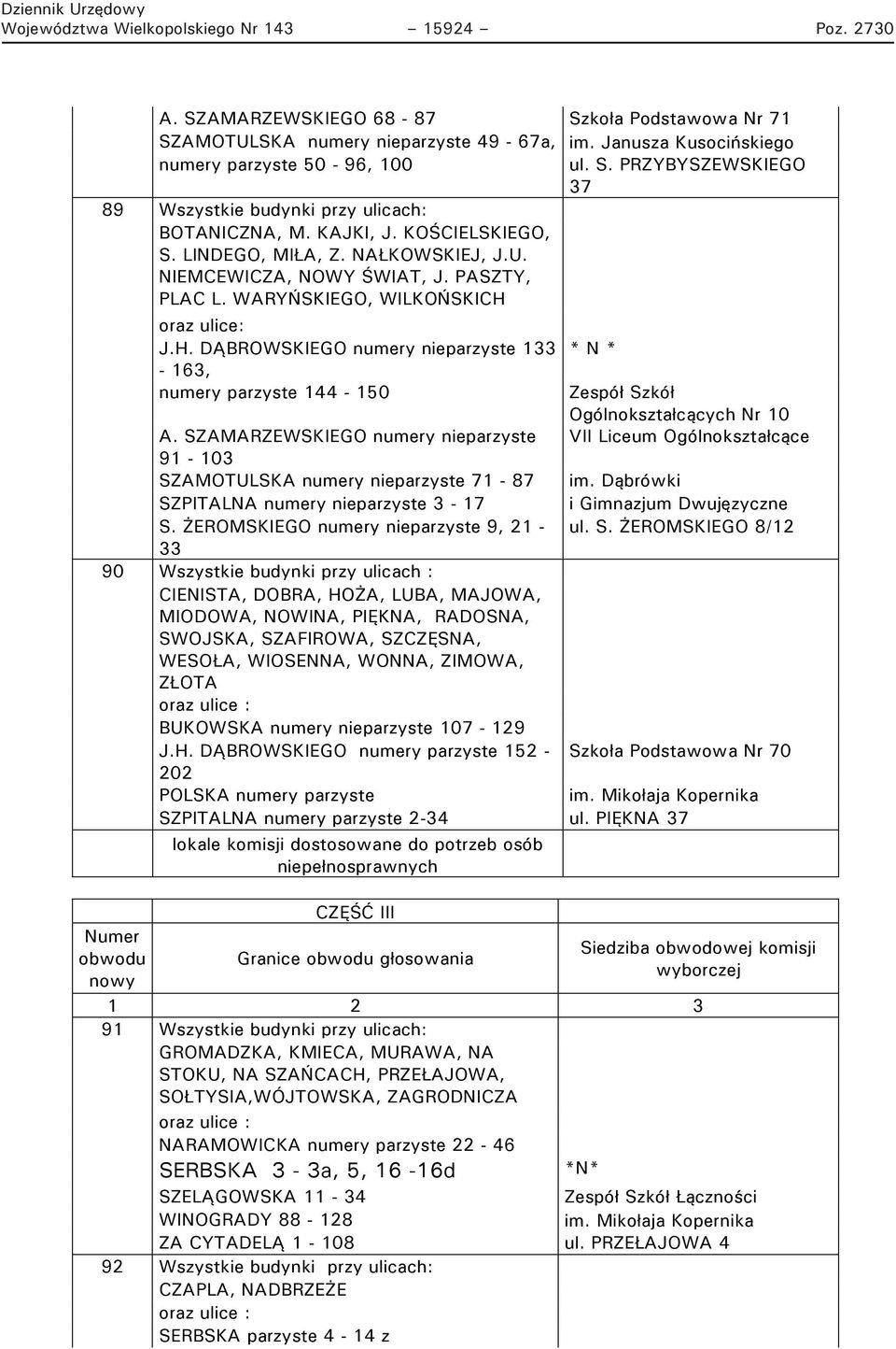 J.H. DĄBROWSKIEGO numery nieparzyste 133 * N * - 163, numery parzyste 144-150 Zespół Szkół Ogólnokształcących Nr 10 A.