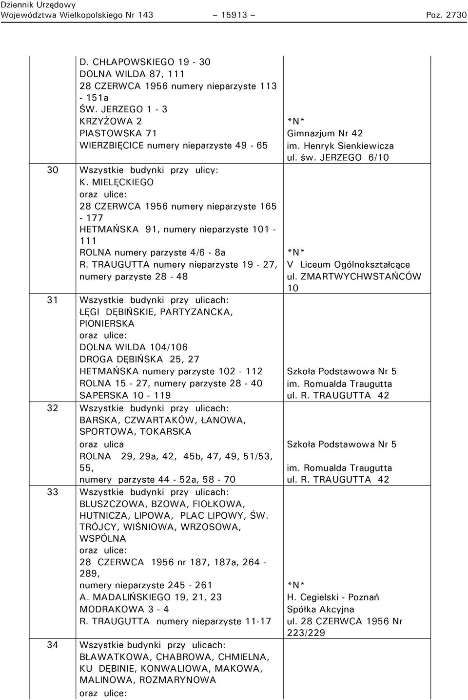 MIELĘCKIEGO 28 CZERWCA 1956 numery nieparzyste 165-177 HETMAŃSKA 91, numery nieparzyste 101-111 ROLNA numery parzyste 4/6-8a R.