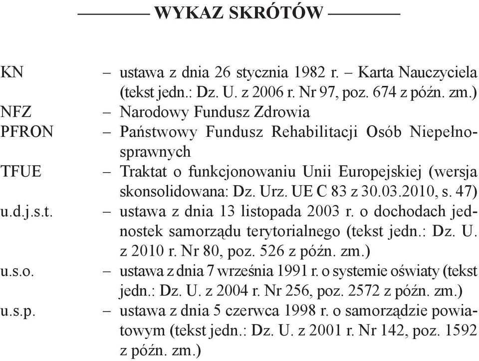 47) ustawa z dnia 13 listopada 2003 r. o dochodach jednostek samorządu terytorialnego (tekst jedn.: Dz. U. z 2010 r. Nr 80, poz. 526 z późn. zm.) ustawa z dnia 7 września 1991 r.