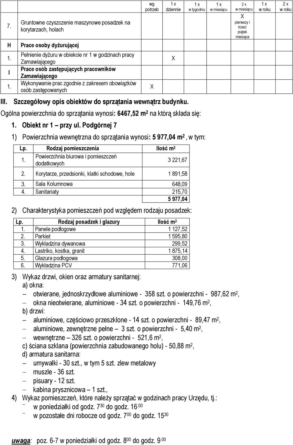 Ogólna powierzchnia do sprzątania wynosi: 6467,52 m 2 na którą składa się: Obiekt nr 1 przy ul. Podgórnej 7 1) Powierzchnia wewnętrzna do sprzątania wynosi: 5 977,04 m 2, w tym: Lp.