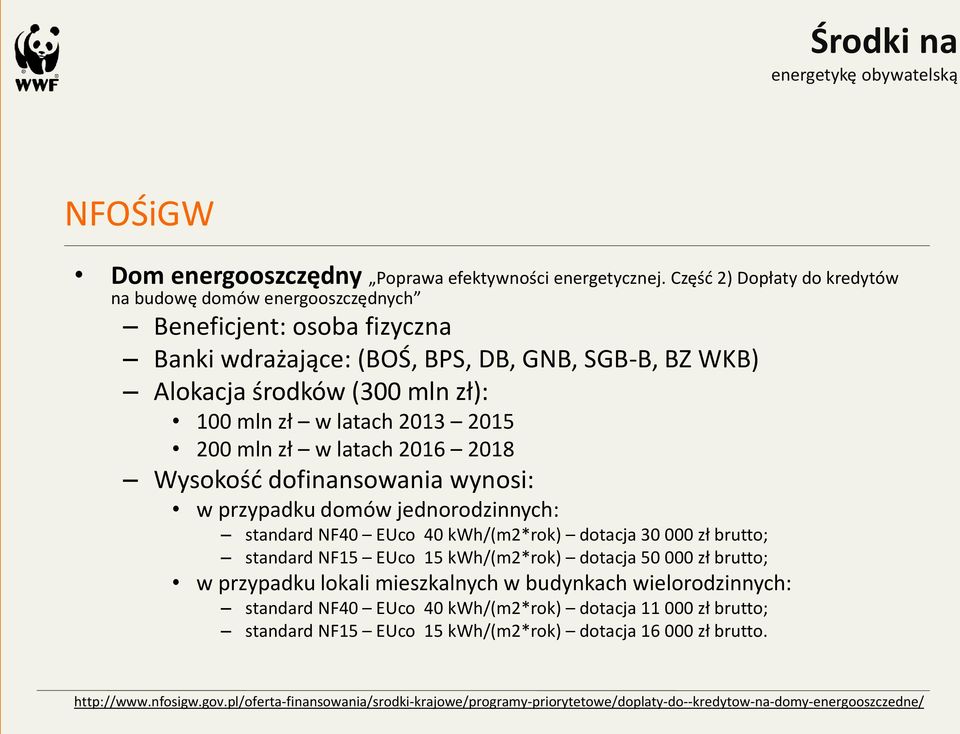 2015 200 mln zł w latach 2016 2018 Wysokość dofinansowania wynosi: w przypadku domów jednorodzinnych: standard NF40 EUco 40 kwh/(m2*rok) dotacja 30 000 zł brutto; standard NF15 EUco 15 kwh/(m2*rok)