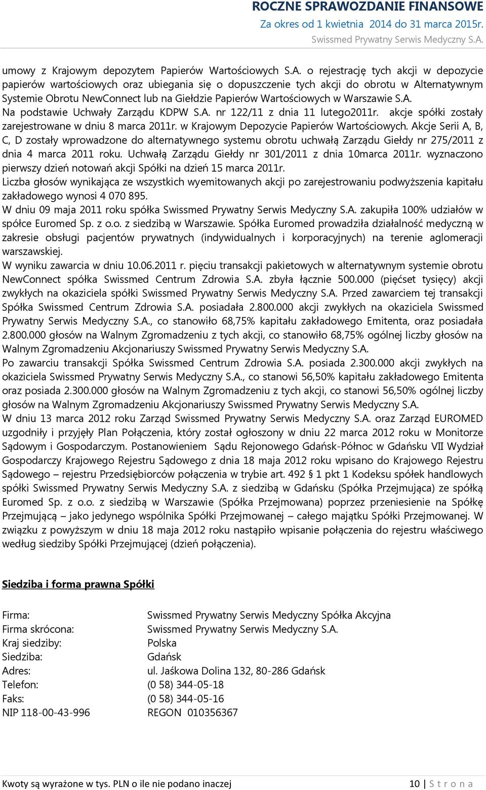 Warszawie S.A. Na podstawie Uchwały Zarządu KDPW S.A. nr 122/11 z dnia 11 lutego2011r. akcje spółki zostały zarejestrowane w dniu 8 marca 2011r. w Krajowym Depozycie Papierów Wartościowych.