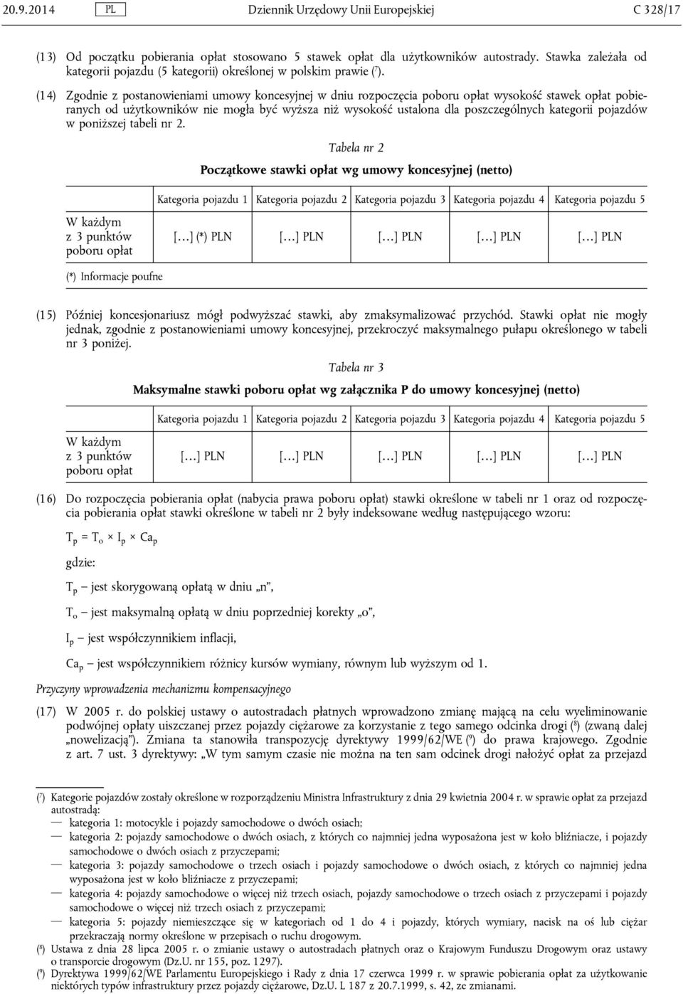 (14) Zgodnie z postanowieniami umowy koncesyjnej w dniu rozpoczęcia poboru opłat wysokość stawek opłat pobieranych od użytkowników nie mogła być wyższa niż wysokość ustalona dla poszczególnych