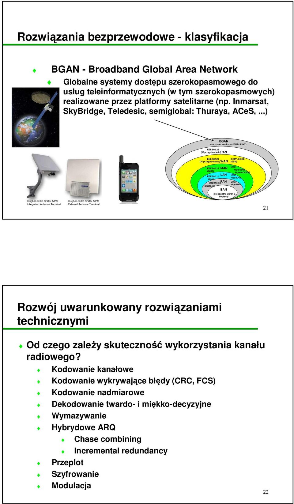 20 3 GPP, EDGE (W przygotowaniu) WAN (GSM) ETSI IEEE 802.16 MAN HiperMAN WMAN HiperACCESS LAN ETSI IEEE 802.11 HiperLAN WLAN PAN ETSI IEEE802.