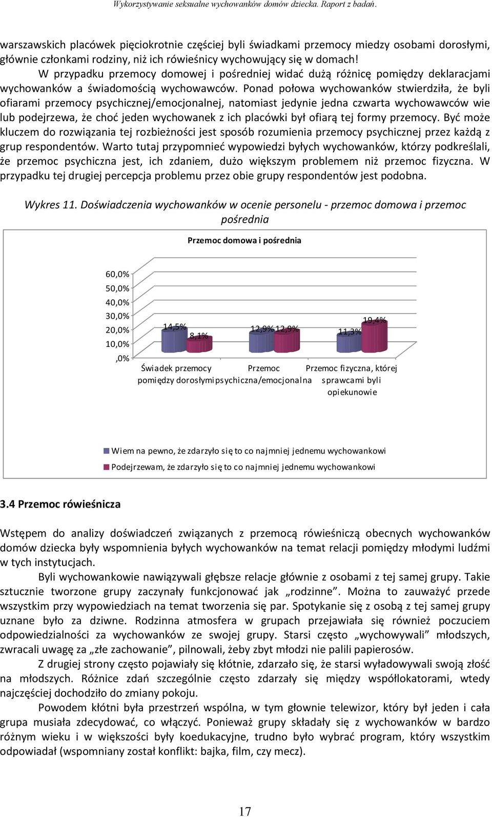 Ponad połowa wychowanków stwierdziła, że byli ofiarami przemocy psychicznej/emocjonalnej, natomiast jedynie jedna czwarta wychowawców wie lub podejrzewa, że chod jeden wychowanek z ich placówki był