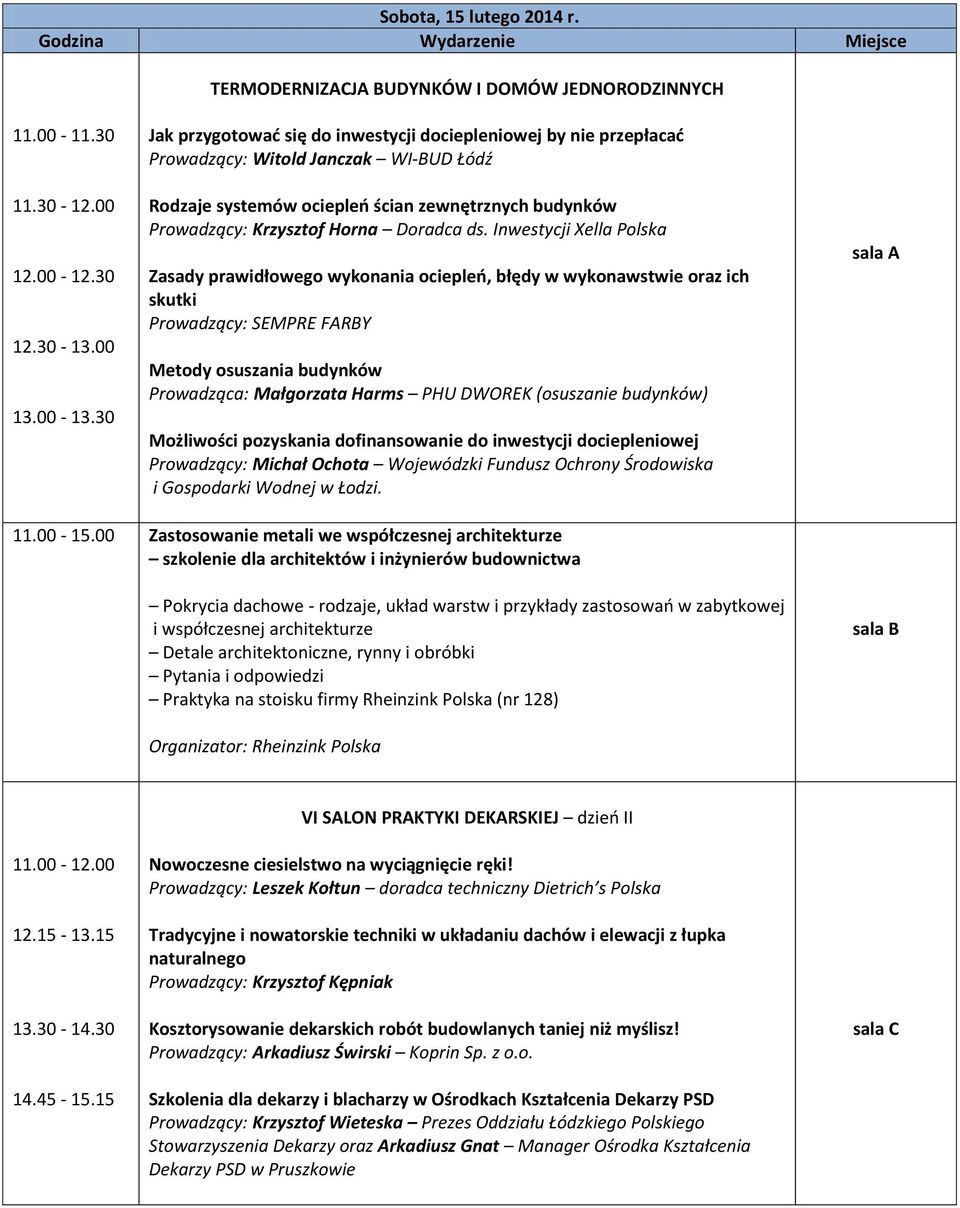 ds. Inwestycji Xella Polska Zasady prawidłowego wykonania ociepleń, błędy w wykonawstwie oraz ich skutki Prowadzący: SEMPRE FARBY Metody osuszania budynków Prowadząca: Małgorzata Harms PHU DWOREK