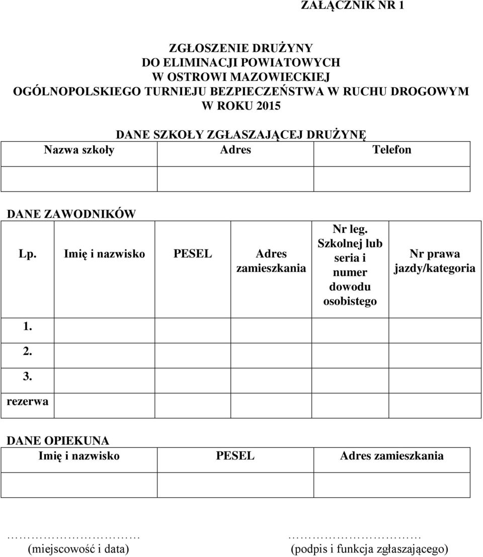 ZAWODNIKÓW Lp. Imię i nazwisko PESEL Adres zamieszkania 1. 2. 3. rezerwa Nr leg.