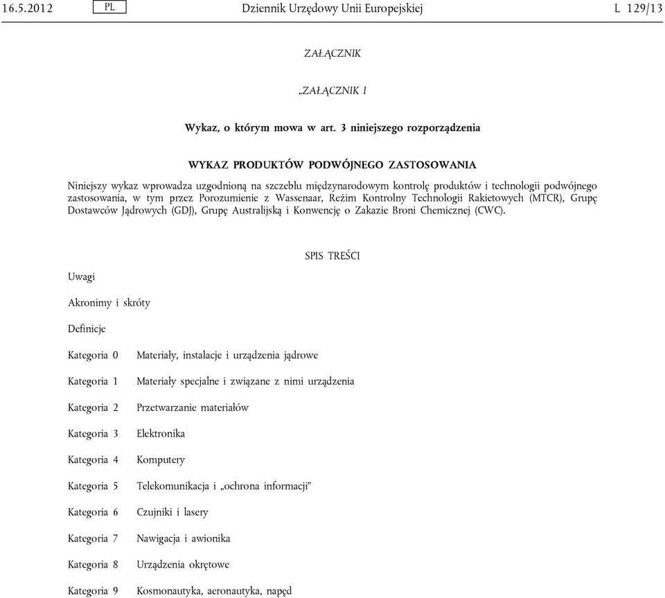 przez Porozumienie z Wassenaar, Reżim Kontrolny Technologii Rakietowych (MTCR), Grupę Dostawców Jądrowych (GDJ), Grupę Australijską i Konwencję o Zakazie Broni Chemicznej (CWC).