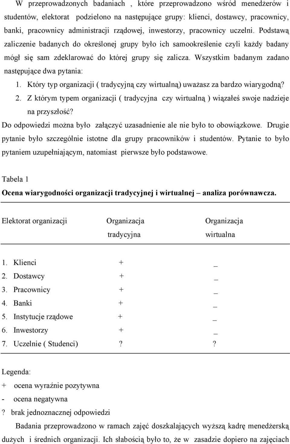 Wszystkm badanym zadano następujące dwa pytana: 1. Który typ organzacj ( tradycyjną czy wrtualną) uważasz za bardzo warygodną? 2.