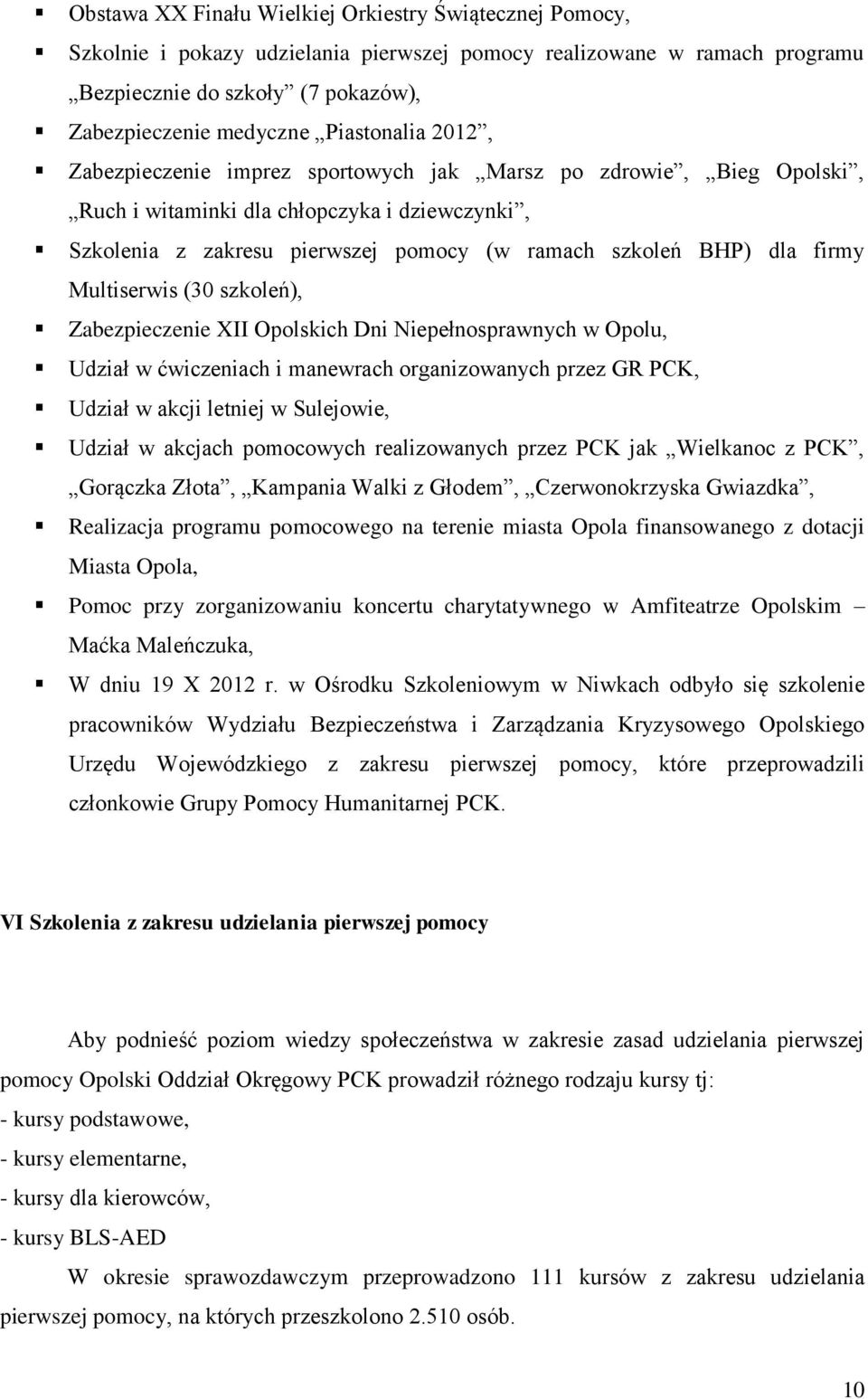 firmy Multiserwis (30 szkoleń), Zabezpieczenie XII Opolskich Dni Niepełnosprawnych w Opolu, Udział w ćwiczeniach i manewrach organizowanych przez GR PCK, Udział w akcji letniej w Sulejowie, Udział w