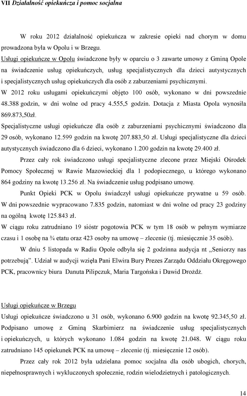 opiekuńczych dla osób z zaburzeniami psychicznymi. W 2012 roku usługami opiekuńczymi objęto 100 osób, wykonano w dni powszednie 48.388 godzin, w dni wolne od pracy 4.555,5 godzin.