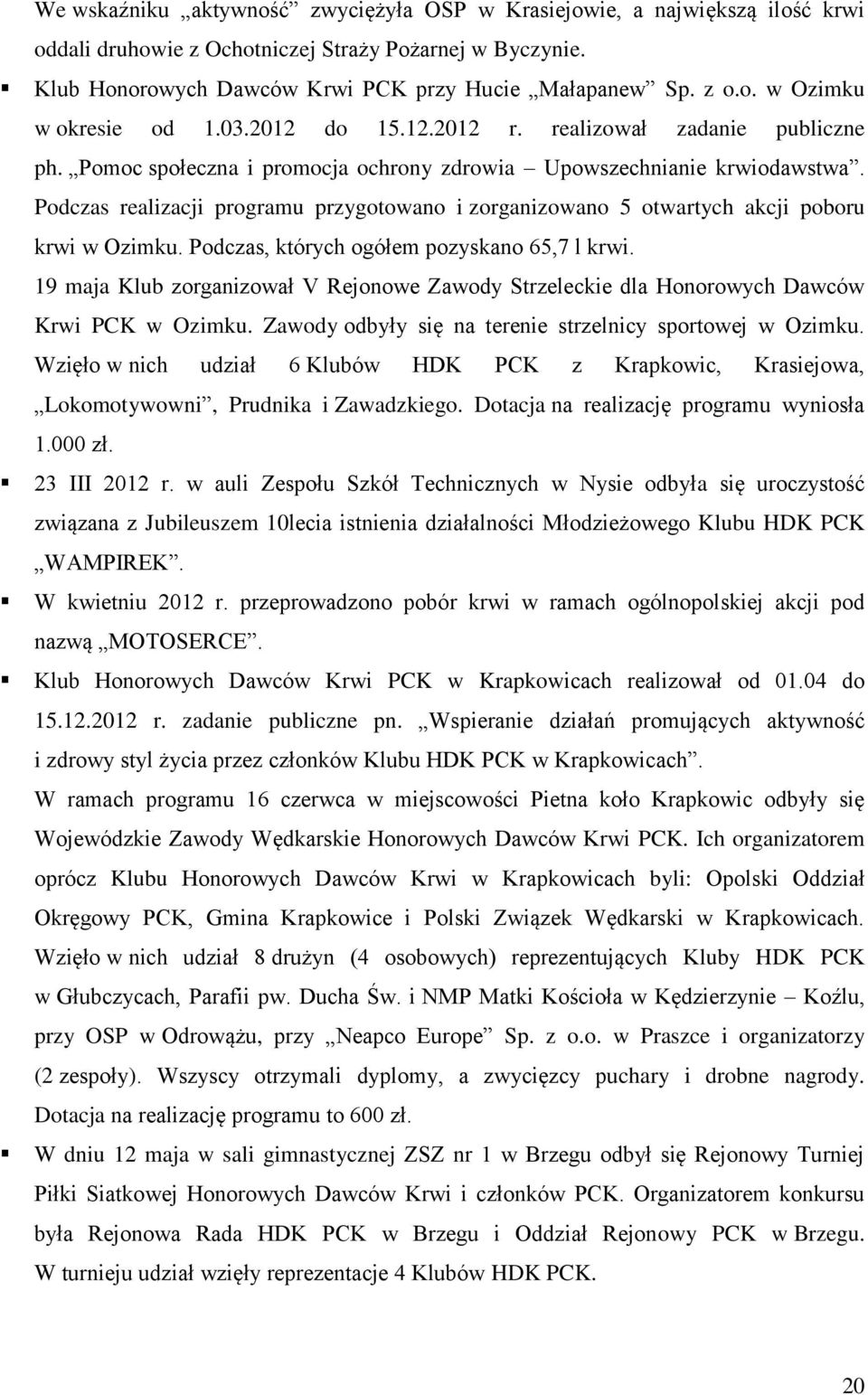 Podczas realizacji programu przygotowano i zorganizowano 5 otwartych akcji poboru krwi w Ozimku. Podczas, których ogółem pozyskano 65,7 l krwi.