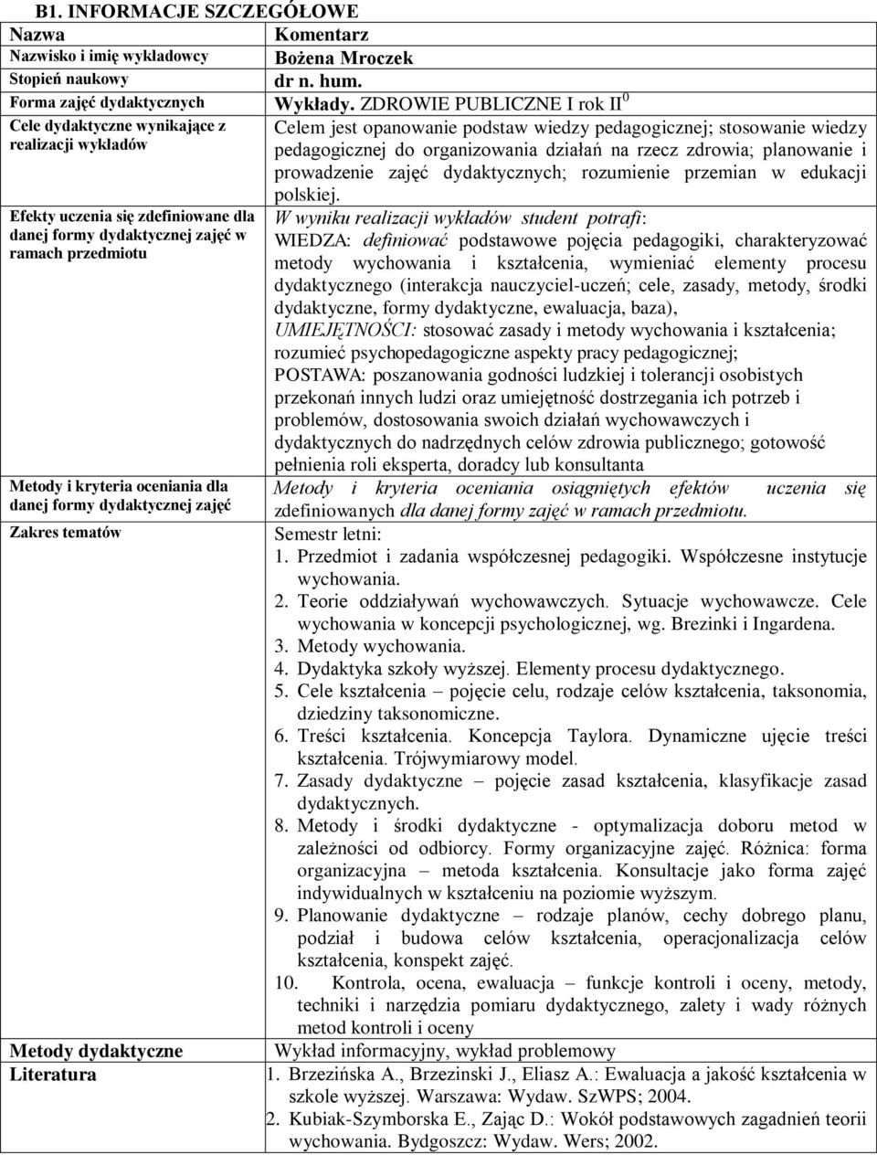 danej formy dydaktycznej zajęć Zakres tematów Metody dydaktyczne Literatura Celem jest opanowanie podstaw wiedzy pedagogicznej; stosowanie wiedzy pedagogicznej do organizowania działań na rzecz