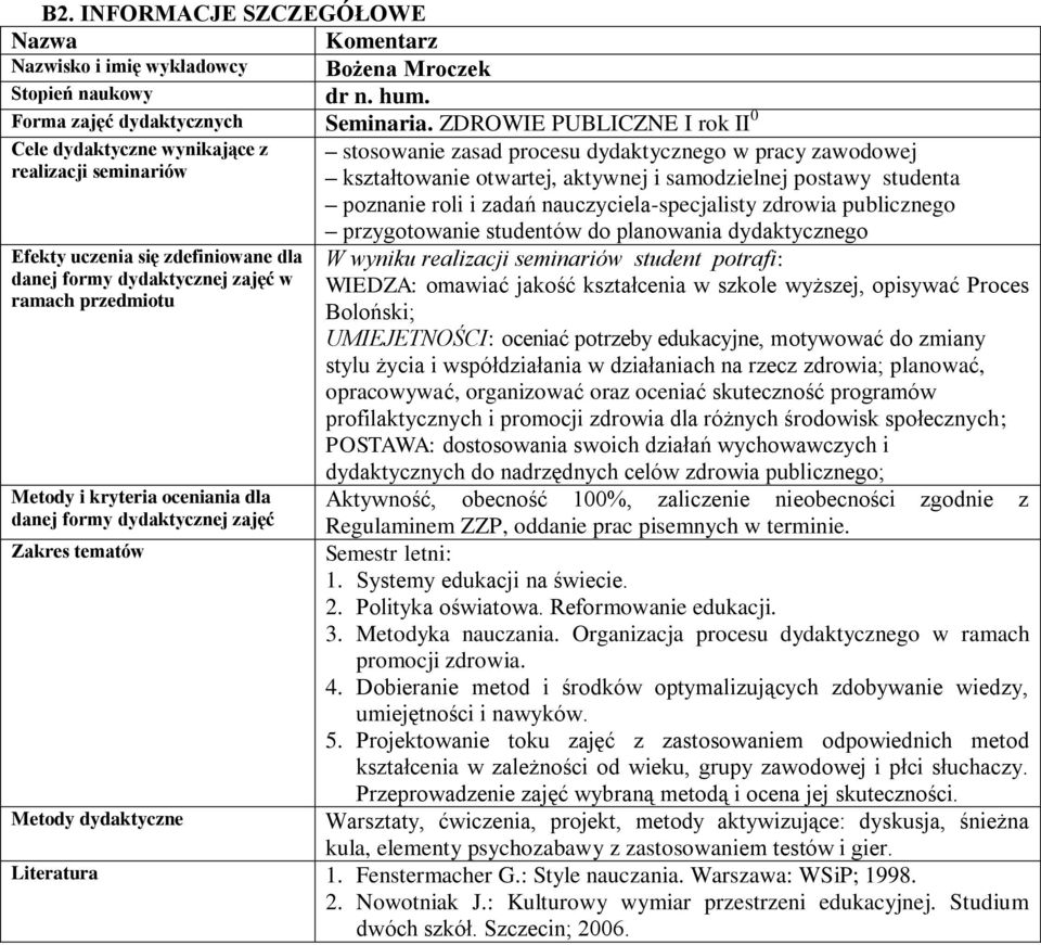 danej formy dydaktycznej zajęć Zakres tematów Metody dydaktyczne stosowanie zasad procesu dydaktycznego w pracy zawodowej kształtowanie otwartej, aktywnej i samodzielnej postawy studenta poznanie