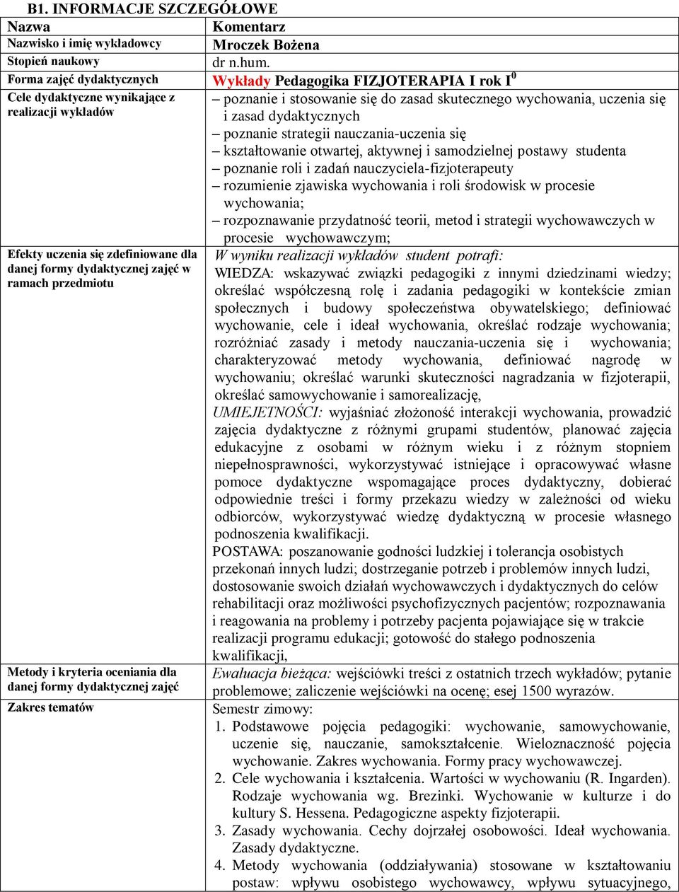 przedmiotu Metody i kryteria oceniania dla danej formy dydaktycznej zajęć Zakres tematów poznanie i stosowanie się do zasad skutecznego wychowania, uczenia się i zasad dydaktycznych poznanie