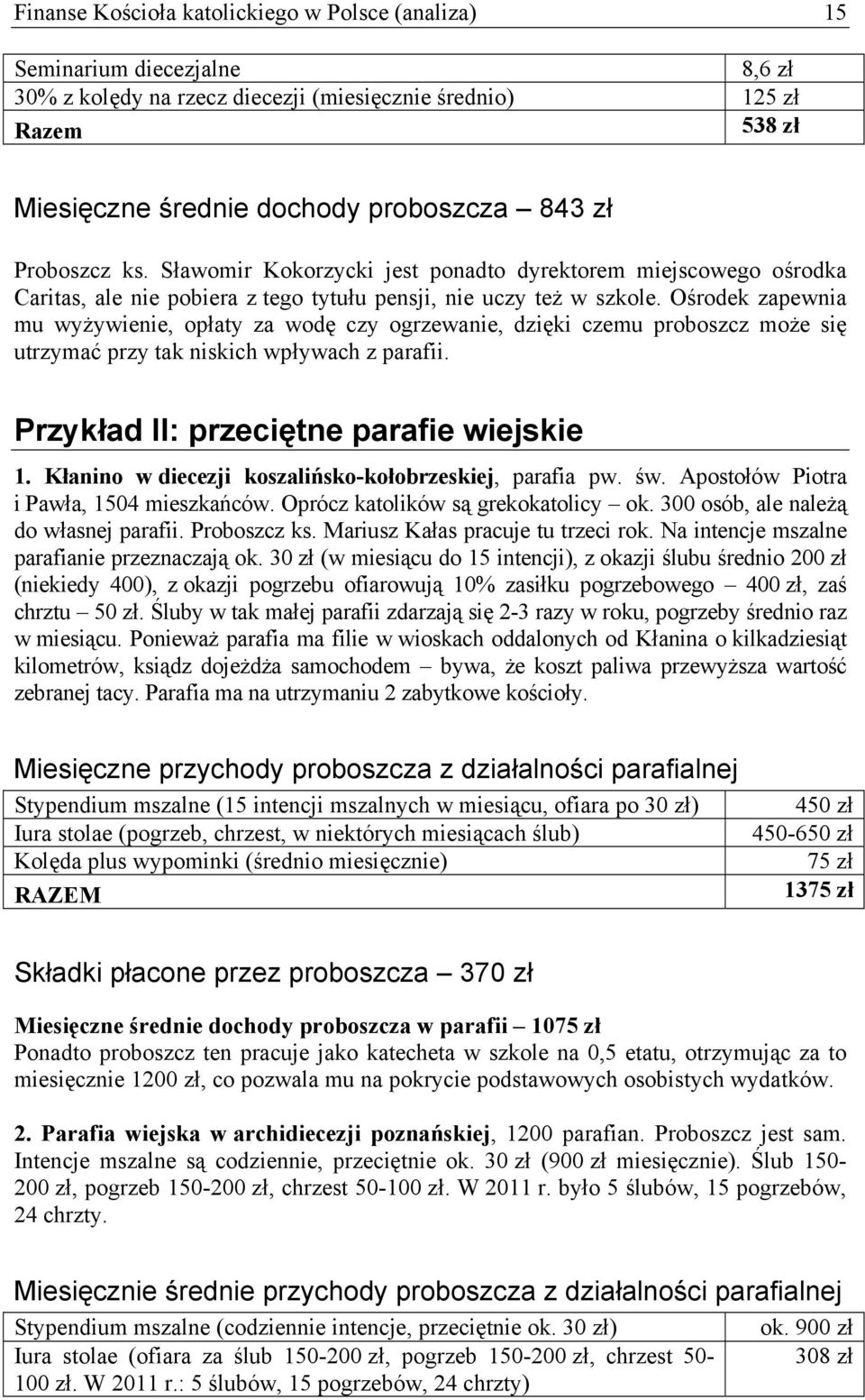 Ośrodek zapewnia mu wyżywienie, opłaty za wodę czy ogrzewanie, dzięki czemu proboszcz może się utrzymać przy tak niskich wpływach z parafii. Przykład II: przeciętne parafie wiejskie 1.