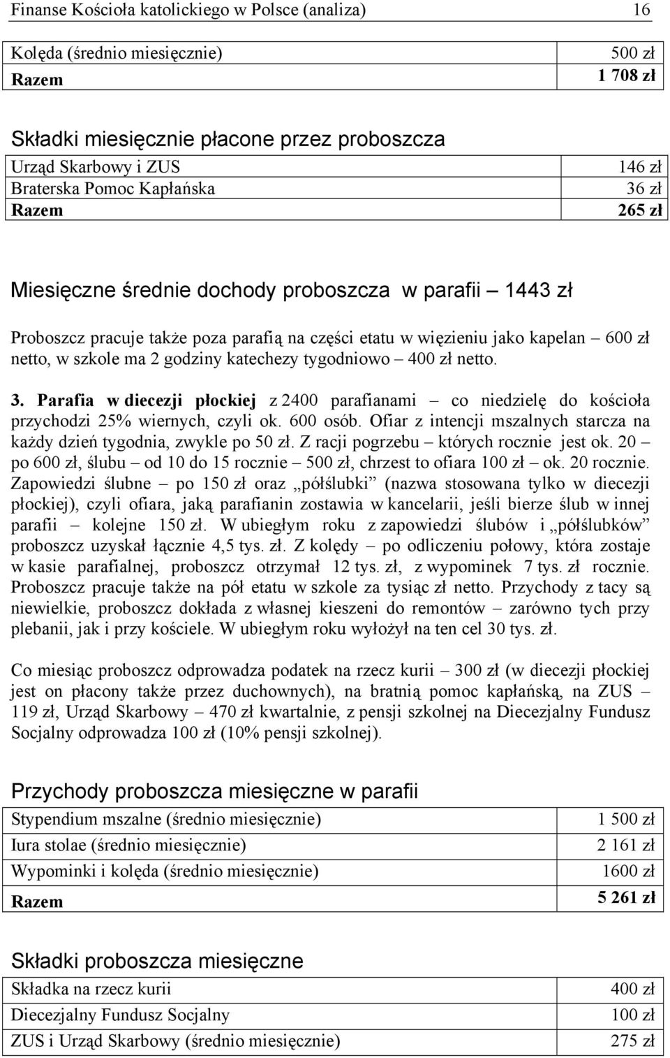 katechezy tygodniowo 400 zł netto. 3. Parafia w diecezji płockiej z 2400 parafianami co niedzielę do kościoła przychodzi 25% wiernych, czyli ok. 600 osób.