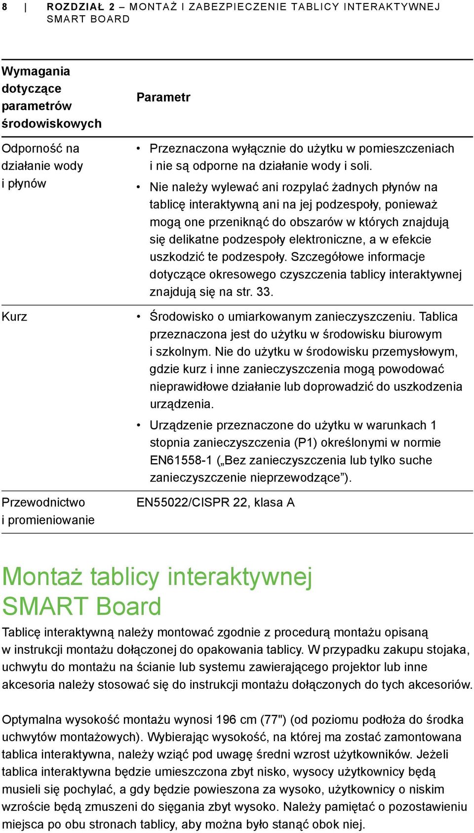 Nie należy wylewać ani rozpylać żadnych płynów na tablicę interaktywną ani na jej podzespoły, ponieważ mogą one przeniknąć do obszarów w których znajdują się delikatne podzespoły elektroniczne, a w