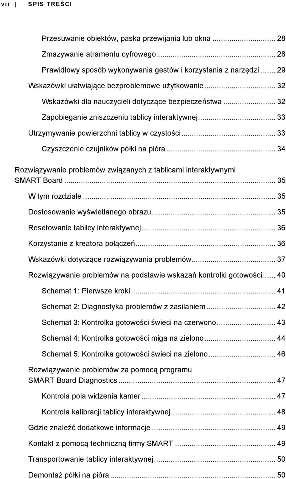 .. 33 Utrzymywanie powierzchni tablicy w czystości... 33 Czyszczenie czujników półki na pióra... 34 Rozwiązywanie problemów związanych z tablicami interaktywnymi SMART Board... 35 W tym rozdziale.