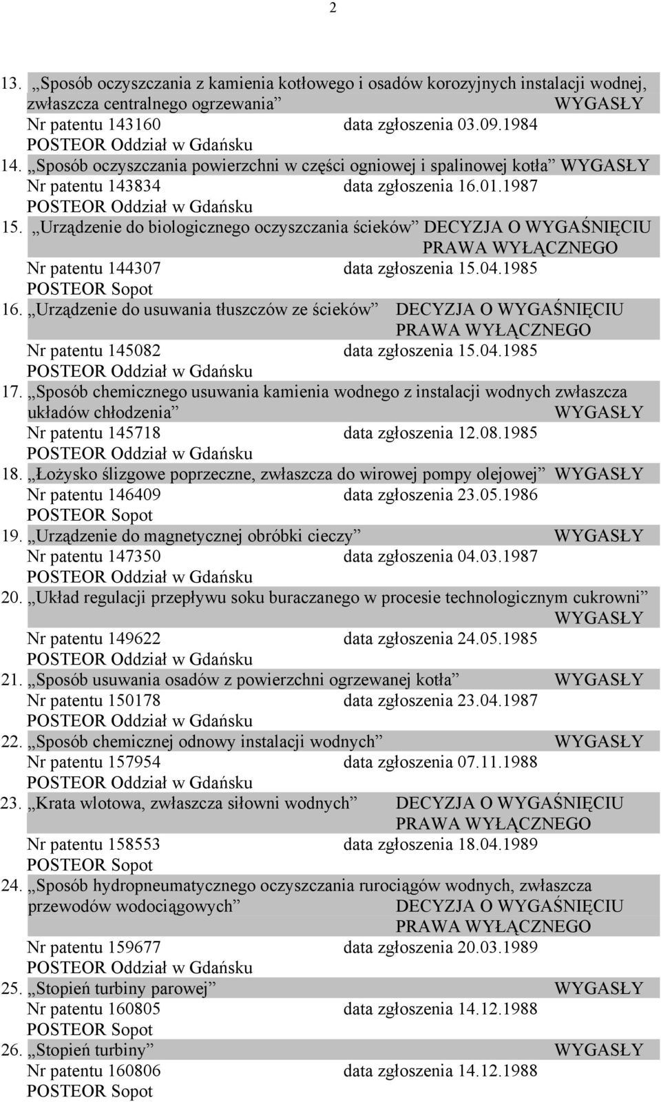 Urządzenie do biologicznego oczyszczania ścieków DECYZJA O WYGAŚNIĘCIU Nr patentu 144307 data zgłoszenia 15.04.1985 16.