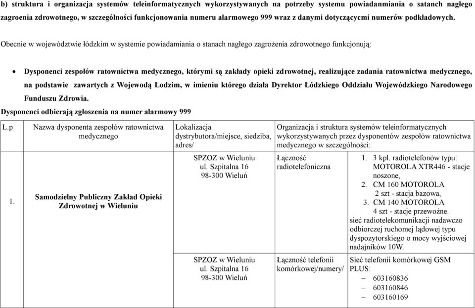 Obecnie w województwie łódzkim w systemie powiadamiania o stanach nagłego zagrożenia zdrowotnego funkcjonują: Dysponenci zespołów ratownictwa medycznego, którymi są zakłady opieki zdrowotnej,