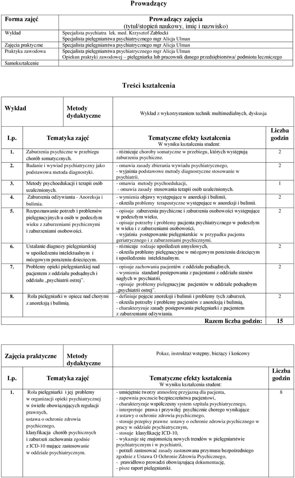 Ulman Opiekun praktyki zawodowej pielęgniarka lub pracownik danego przedsiębiorstwa/ podmiotu leczniczego Treści kształcenia Wykład Metody dydaktyczne Wykład z wykorzystaniem technik multimedialnych,