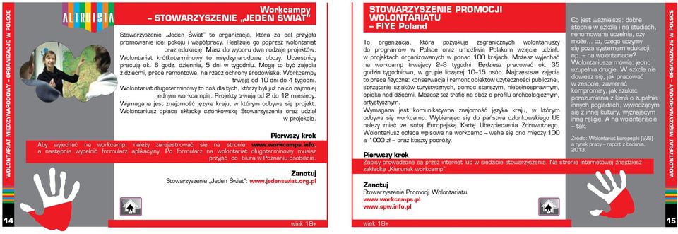 Mogą to być zajęcia z dziećmi, prace remontowe, na rzecz ochrony środowiska. Workcampy trwają od 10 dni do 4 tygodni.