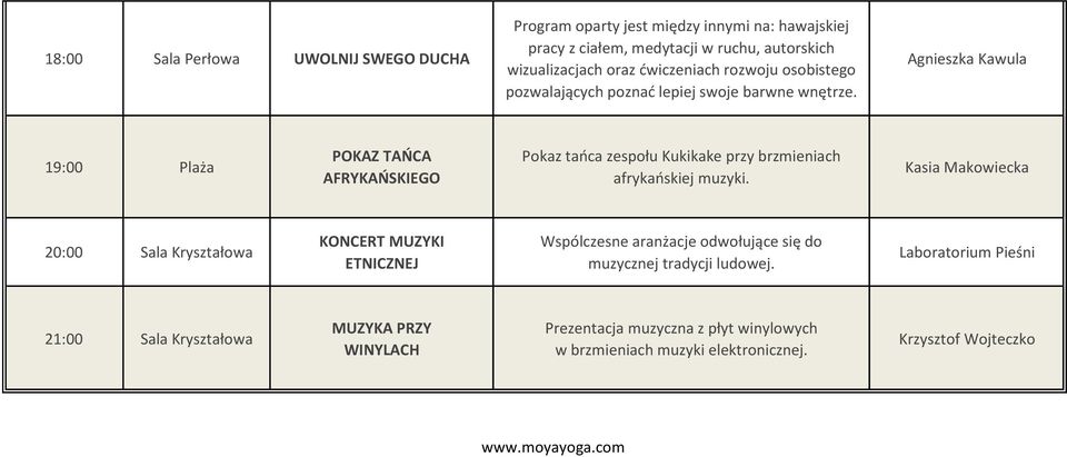 Agnieszka Kawula 19:00 Plaża POKAZ TAŃCA AFRYKAŃSKIEGO Pokaz tańca zespołu Kukikake przy brzmieniach afrykańskiej muzyki.