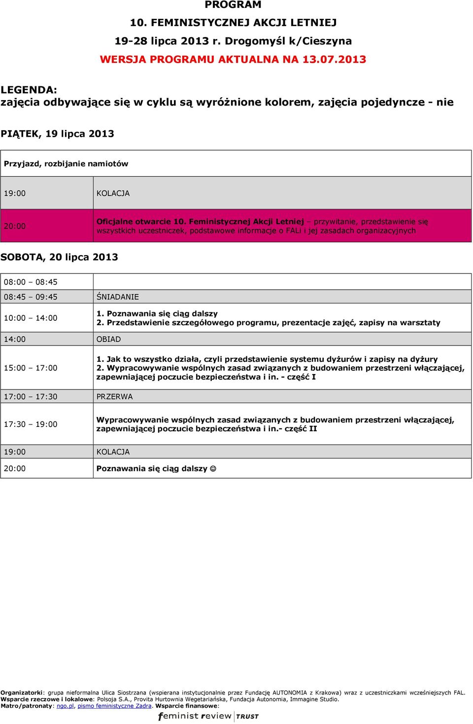 Feministycznej Akcji Letniej przywitanie, przedstawienie się wszystkich uczestniczek, podstawowe informacje o FALi i jej zasadach organizacyjnych SOBOTA, 20 lipca 2013 1. Poznawania się ciąg dalszy 2.