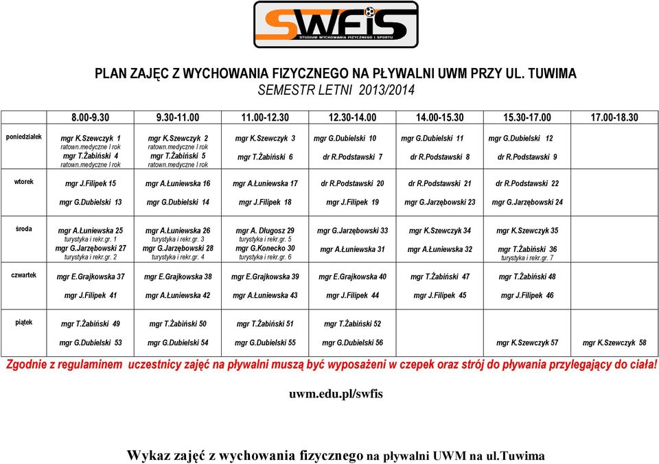 Dubielski 10 dr R.Podstawski 7 mgr G.Dubielski 11 dr R.Podstawski 8 mgr G.Dubielski 12 dr R.Podstawski 9 wtorek mgr J.Filipek 15 mgr A.Łuniewska 16 mgr A.Łuniewska 17 dr R.Podstawski 20 dr R.