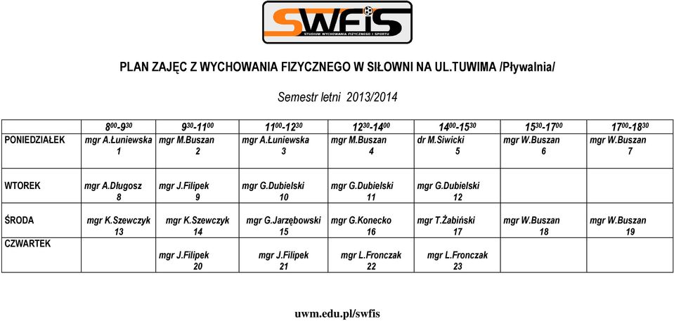 Łuniewska 1 mgr M.Buszan 2 mgr A.Łuniewska 3 mgr M.Buszan 4 dr M.Siwicki 5 mgr W.Buszan 6 mgr W.Buszan 7 WTOREK mgr A.Długosz 8 mgr J.Filipek 9 mgr G.