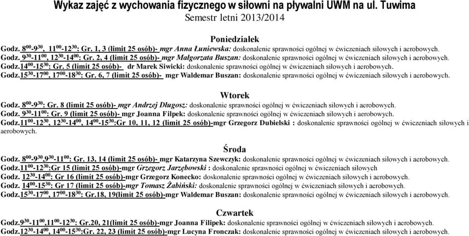 2, 4 (limit 25 osób)- mgr Małgorzata Buszan: doskonalenie sprawności ogólnej w ćwiczeniach siłowych i aerobowych. Godz.14 00-15 30 : Gr.