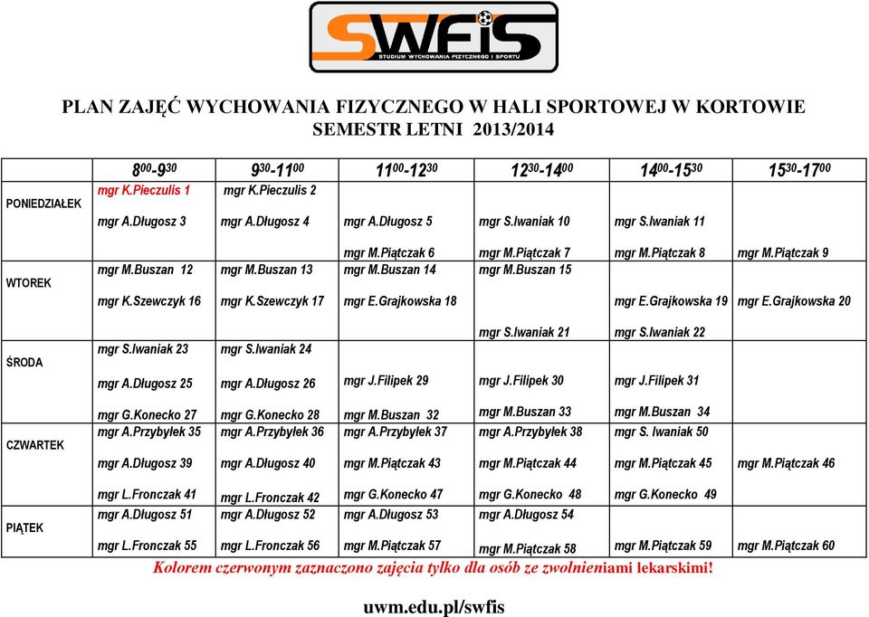 Piątczak 7 mgr M.Buszan 15 mgr M.Piątczak 8 mgr M.Piątczak 9 mgr E.Grajkowska 19 mgr E.Grajkowska 20 ŚRODA mgr S.Iwaniak 23 mgr A.Długosz 25 mgr S.Iwaniak 24 mgr A.Długosz 26 mgr J.Filipek 29 mgr S.