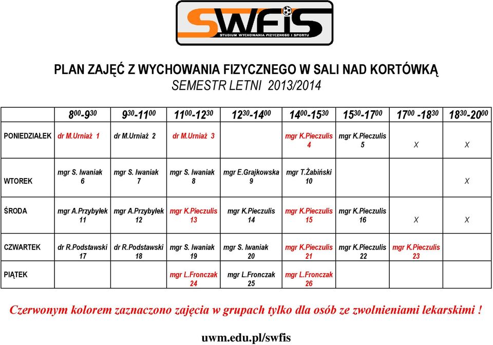 Żabiński 10 X ŚRODA mgr A.Przybyłek 11 mgr A.Przybyłek 12 13 14 15 16 X X CZWARTEK dr R.Podstawski 17 dr R.Podstawski 18 mgr S. Iwaniak 19 mgr S.