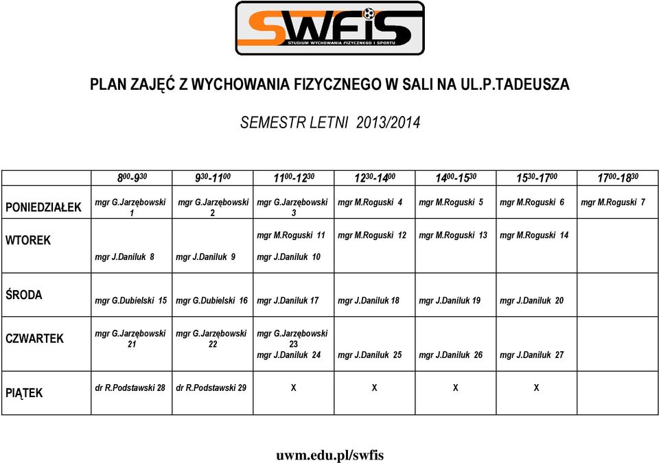 Roguski 14 mgr J.Daniluk 8 mgr J.Daniluk 9 mgr J.Daniluk 10 ŚRODA mgr G.Dubielski 15 mgr G.Dubielski 16 mgr J.Daniluk 17 mgr J.Daniluk 18 mgr J.Daniluk 19 mgr J.Daniluk 20 CZWARTEK mgr G.